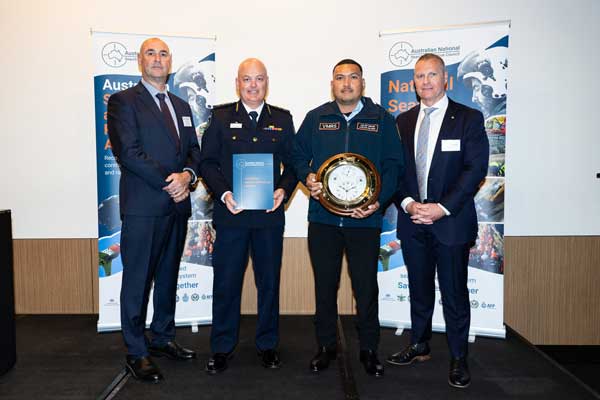 Left to right: Tony Longhorn (Acting Deputy Commissioner, Western Australia Police Force), Paul Southam (Indian Ocean Territory District Officer), Azlah Mihan (Commander Marine Rescue Cocos (Keeling) Islands) and Alex Barrell (NATSAR Council Chair and AMSA Executive Director Response and Capability)