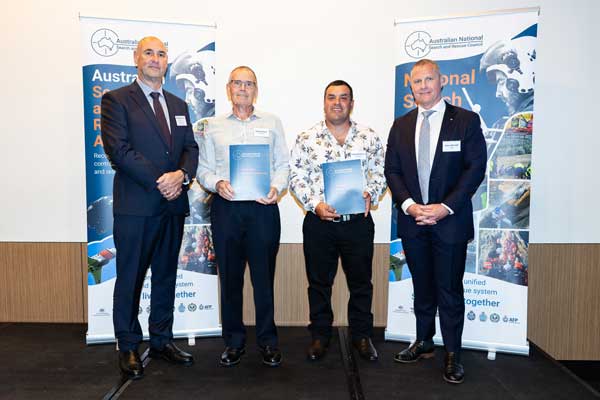 Left to right: Tony Longhorn (Acting Deputy Commissioner, Western Australia Police Force), Mark Seares, Fabio Renzullo and Alex Barrell (NATSAR Council Chair and AMSA Executive Director Response and Capability)