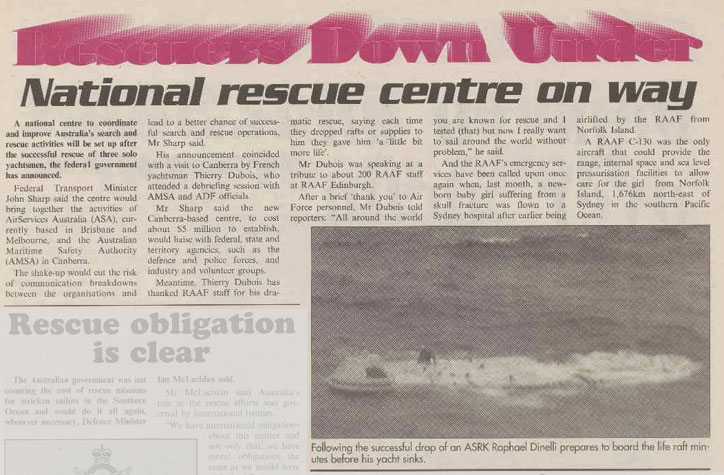 Newspaper article headed 'Rescuers Down Under: national rescue centre on way'