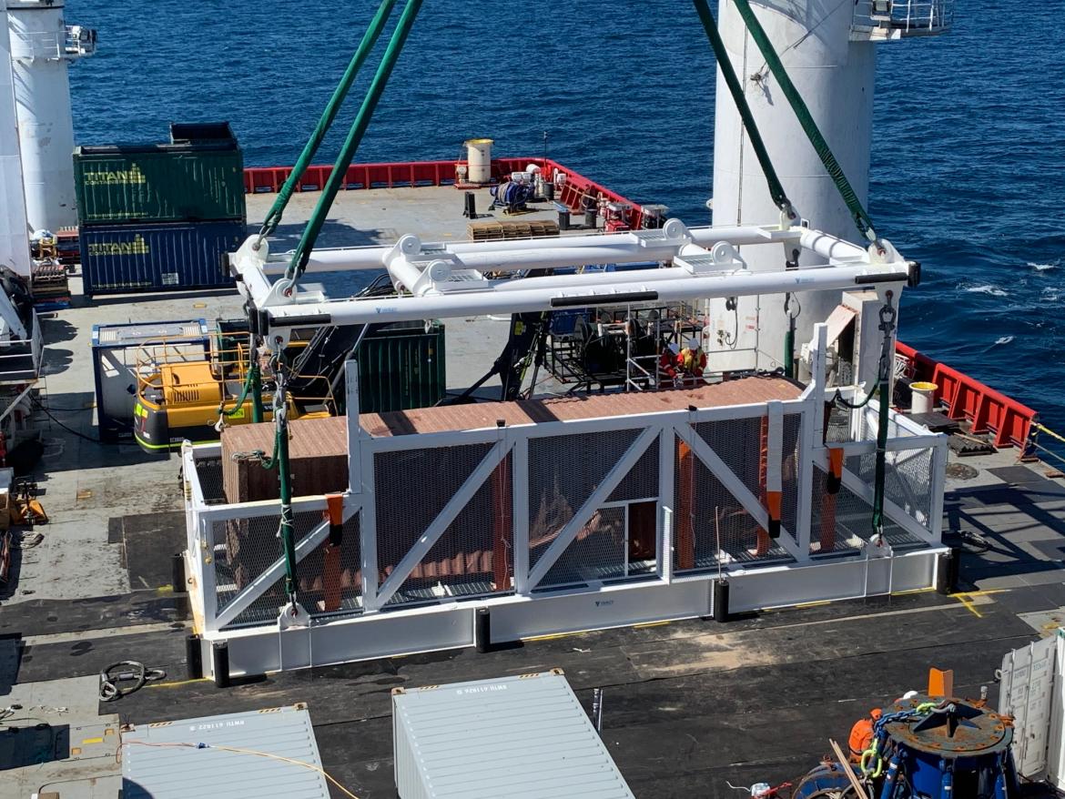 First container loaded onto the MV Pride, contains furniture products.