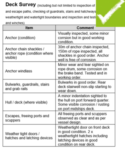 Figure 2: a deck survey with detailed observations and comments intended to provide sufficient information to the decision maker about the state of the vessel and also builds the history of the vessel