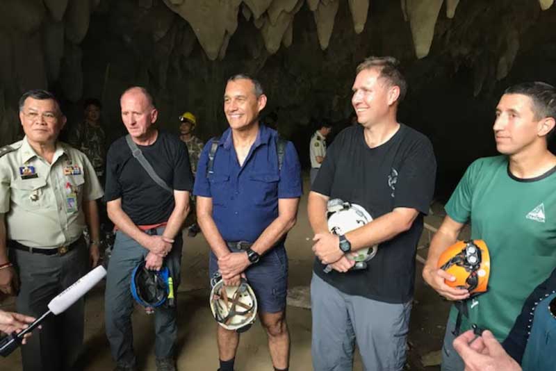 From left: A Thai national parks official, Vern Unsworth, Dr Craig Challen, Dr Richard Harris, Josh Morris (a locally-based American caver)