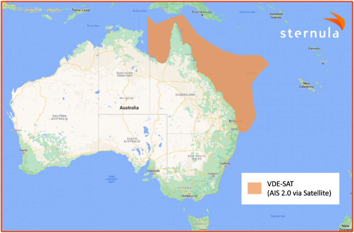 Map of Australia showing the proposed area for the VDES-SAT demo. The area covers the entire coast of Queensland, extending out to an area within Australia's exclusive economic zone. 