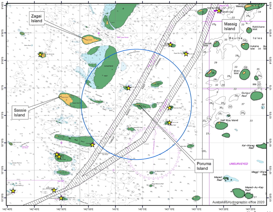 Figure 1: Map showing a 10 nautical mile radius around Poruma Island where speed should not exceed 15 knots.