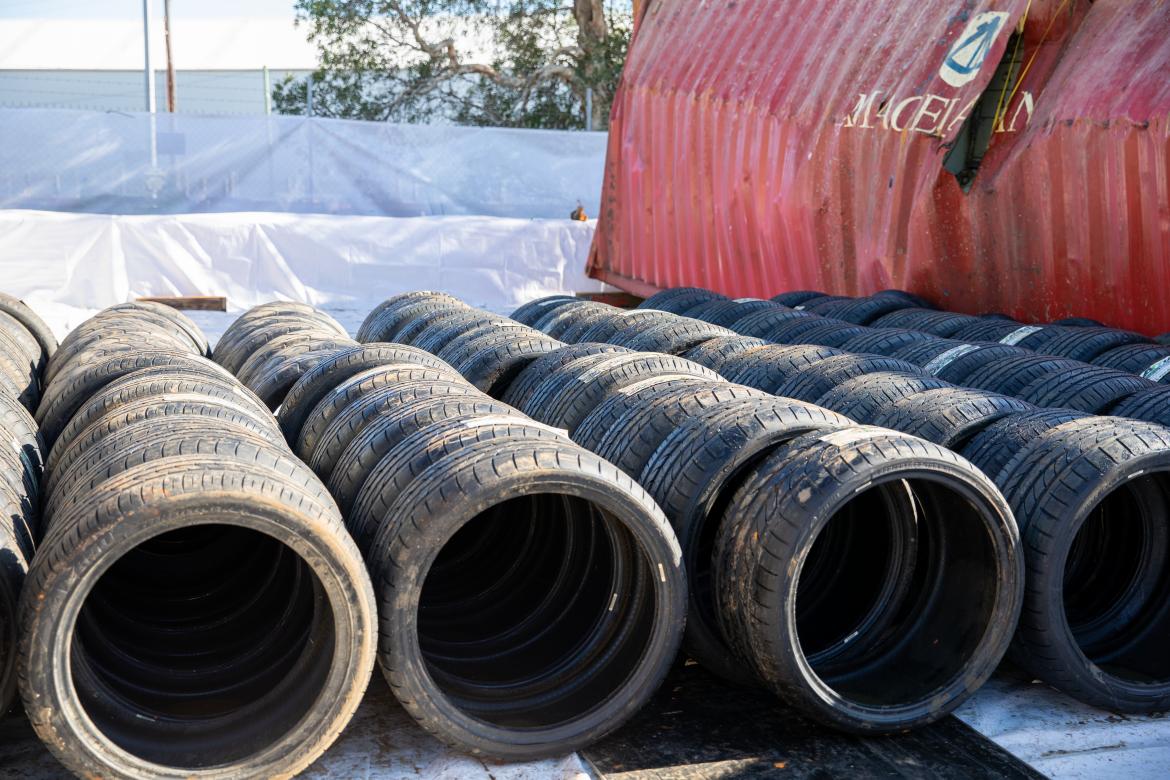 Tyres offloaded and ready for processing.