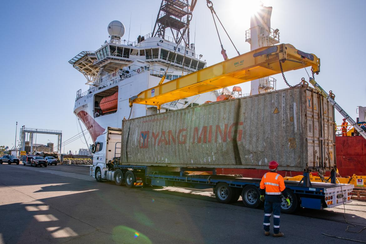 The first container is offloaded from the MV Pride at Port of Newcastle on Sunday.