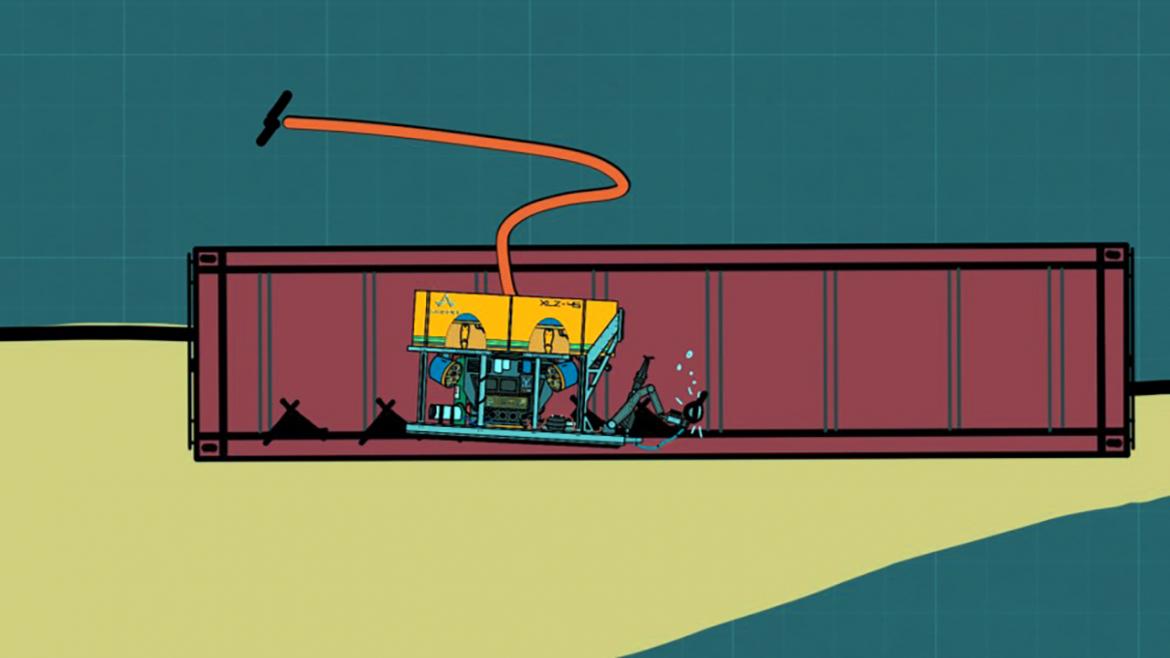 ROUV cuts drain holes in the container with hydraulic saw. Recovery frame lands on seabed near container.