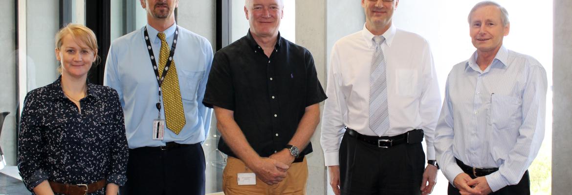 (L-R): Amanda MacKinnell, Acting Manager Planning & Business Support, AMSA; John Ophel, Advisor (Cospas-Sarsat), AMSA; Graham Peachey, Chief Executive Officer, AMSA; Steven Lett, Head of the Cospas-Sarsat Secretariat; and John Young, General Manager Emerg