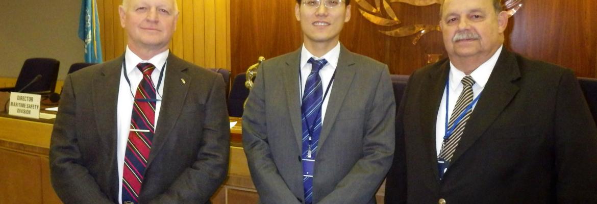 Chairman of DSC, Mr Hui Xie of China, with Head of Delegation for Australia, Mr Alex Schultz-Altmann and the Head of Delegation, and Permanent Representative to the IMO for Brazil, Admiral Luiz Umberto de Mendonca