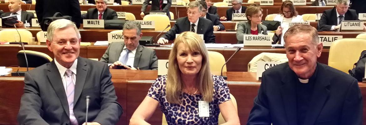 Fremantle Flying Angel Club representatives at the ILO, Geneva (L-R) Colin Brown, Ann Robinson and Dennis Claughton