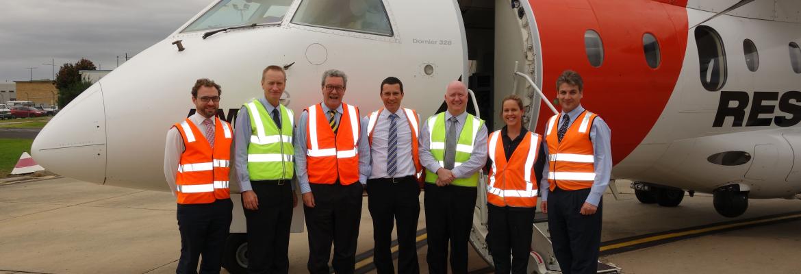 (L-R): Brendan Hodgson, Business Relations Officer, DFAT; Brad Groves, General Manager Navigation Safety & International Division, AMSA; the Hon. Alexander Downer, High Commissioner designate to the United Kingdom; Julian Mitchell, Manager Search and Resc