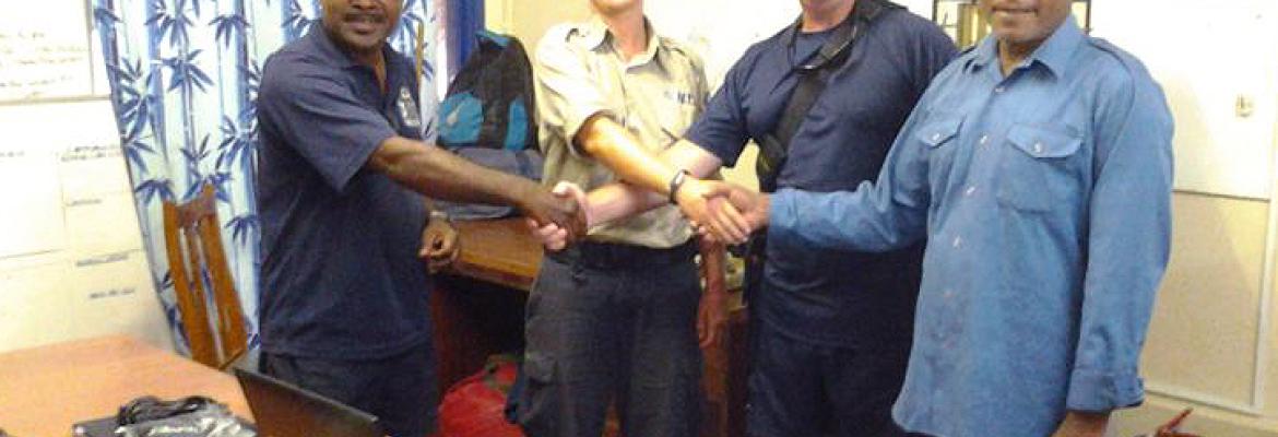 L-R): Peter Young, MRCC Honiara; Australian Government workers Maria and Stuart; and Enest Legumana, MRCC Honiara L-R): Peter Young, MRCC Honiara; Australian Government workers Maria and Stuart; and Enest Legumana, MRCC Honiara