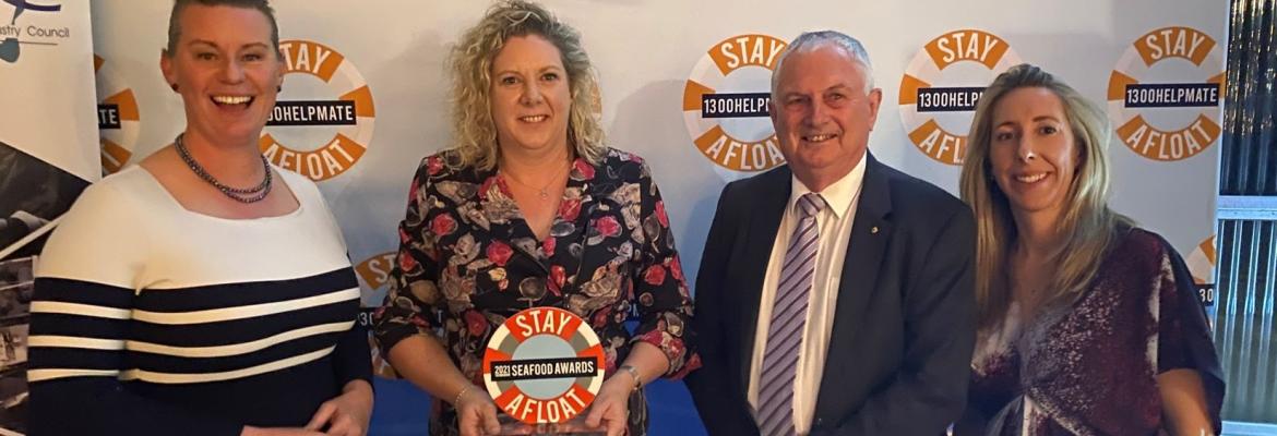 Congratulations to the winner of the 2021 TSI Safety Award, Huon Aquaculture. (L to R: Janie Finlay, MP, Pene Snashall, Huon Aquaculture, Stuart Richey, AMSA, and Claire Cunningham, AMSA) Congratulations to the winner of the 2021 TSI Safety Award, Huon Aquaculture. (L to R: Janie Finlay, MP, Pene Snashall, Huon Aquaculture, Stuart Richey, AMSA, and Claire Cunningham, AMSA)
