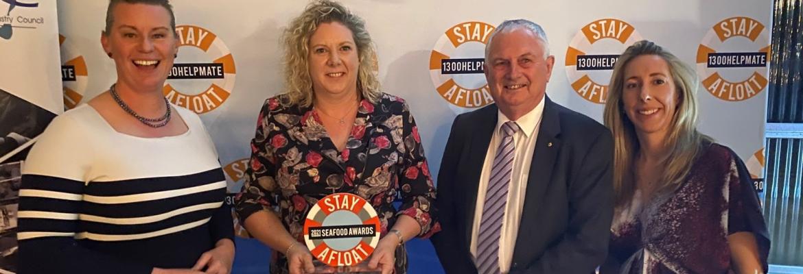 Congratulations to the winner of the 2021 TSI Safety Award, Huon Aquaculture. (L to R: Janie Finlay, MP, Pene Snashall, Huon Aquaculture, Stuart Richey, AMSA, and Claire Cunningham, AMSA)