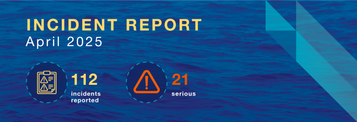 A banner indicating that there were 112 marine incidents reported in April and 21 of these incidents were serious