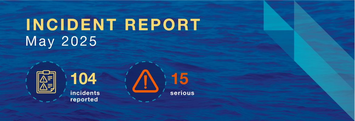 A banner showing there were 104 reported marine incidents involving domestic commercial vessels. Of these, 15 were serious.