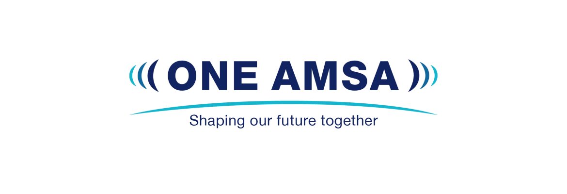 A logo saying ONE AMSA, Shaping our future together in blue font.