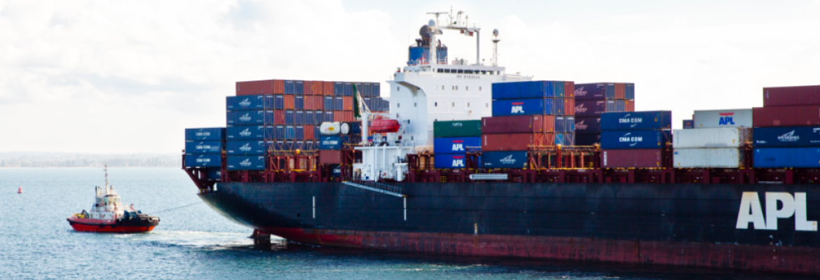 Large container ship at sea with a tugboat alongside.