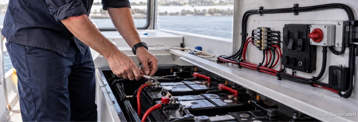 Worker inspecting a vessel’s battery bank and electrical system, including battery connections, cabling, switches and circuit protection.