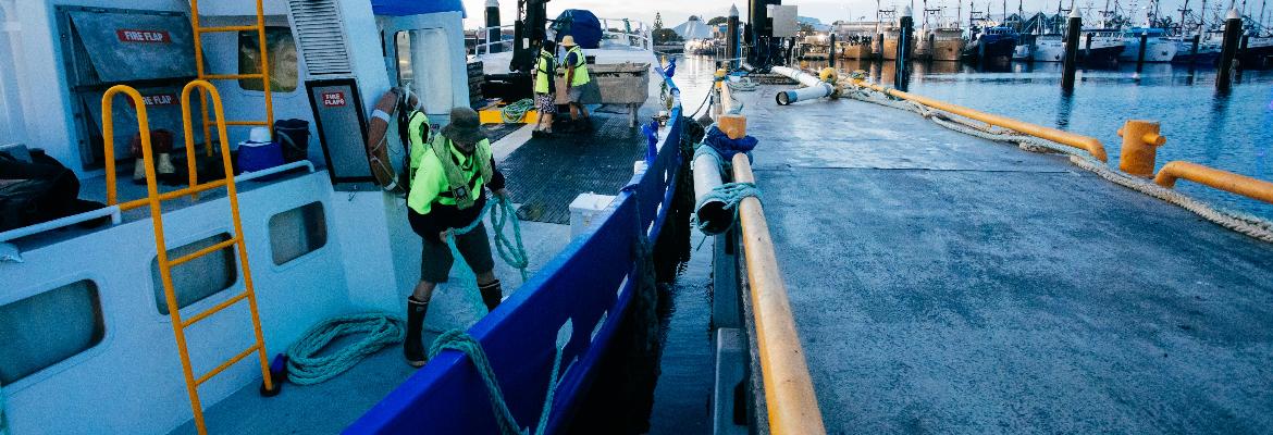 Seafarer in lifejacket handling mooring ropes on a vessel beside the dock.